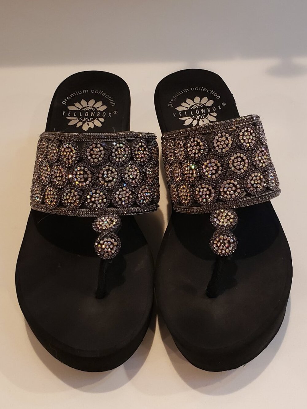 Yellowbox Black Leather Rhinestone Platform Wedge Flip Flop Sandal  Size 6